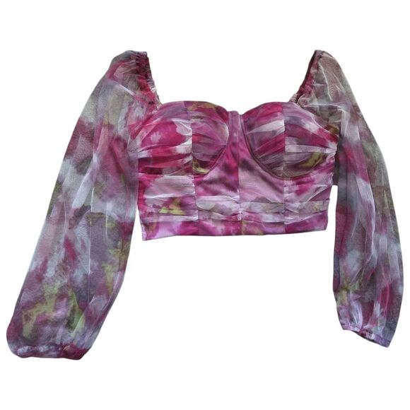 Pink Floral Ruched Crop Blouse W 3/4 Sleeves - M - Picture 2 of 10